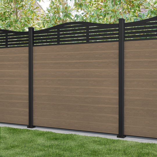 Classic Aspen Curved Top Fence Panel - Teak - with our aluminium posts