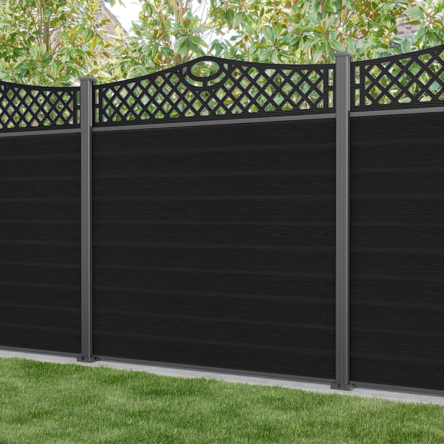 Classic Oxford Curved Top Fence Panel - Black - with our aluminium posts