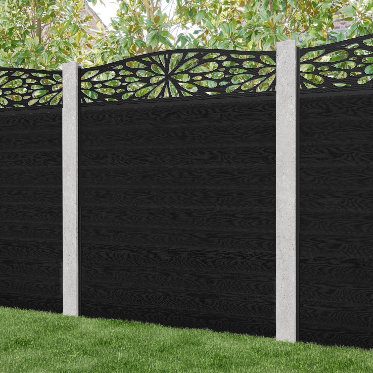 Classic Blossom Curved Top Fence Panel - Black - for existing concrete posts