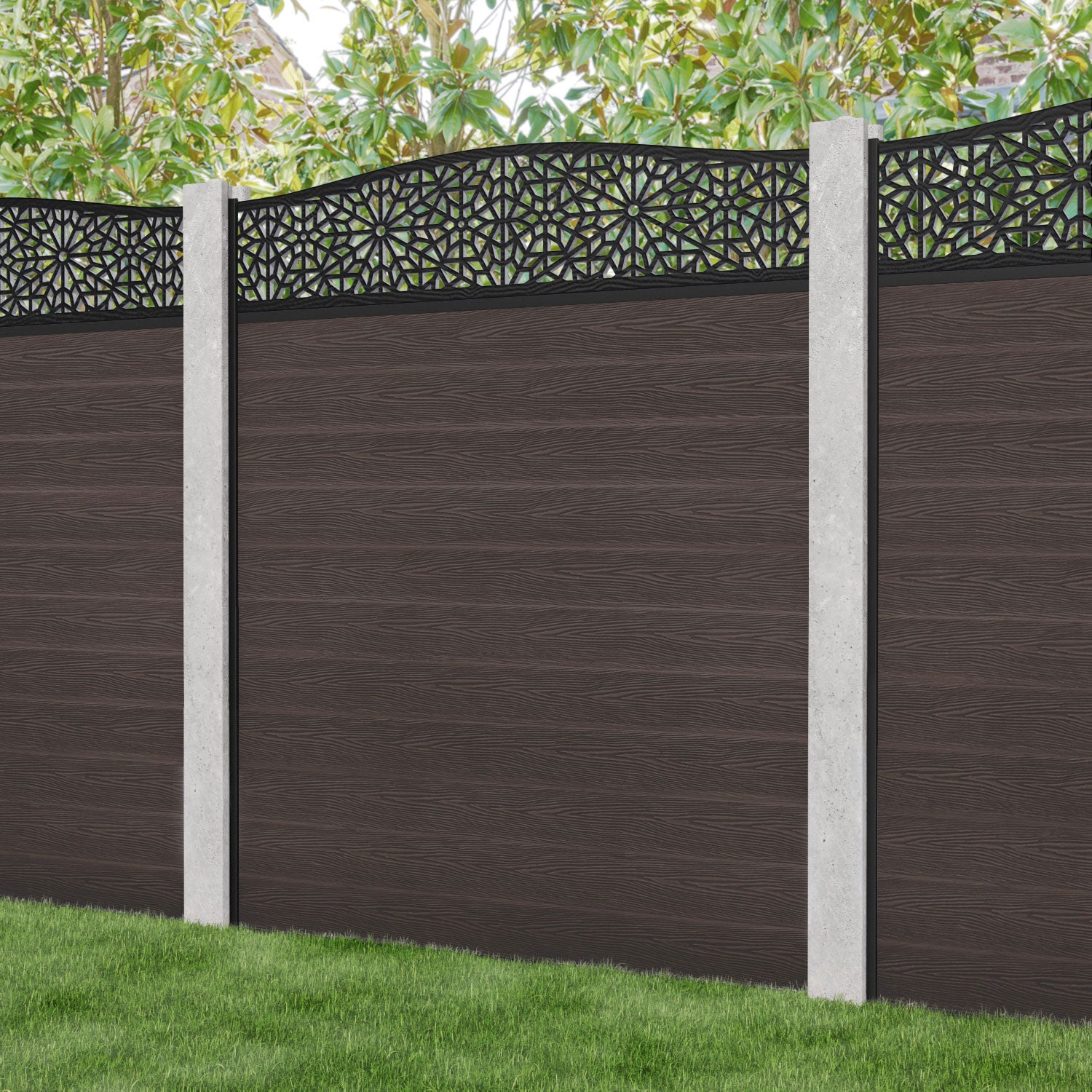 Classic Alnara Curved Top Fence Panel - Mid Brown - for existing concrete posts