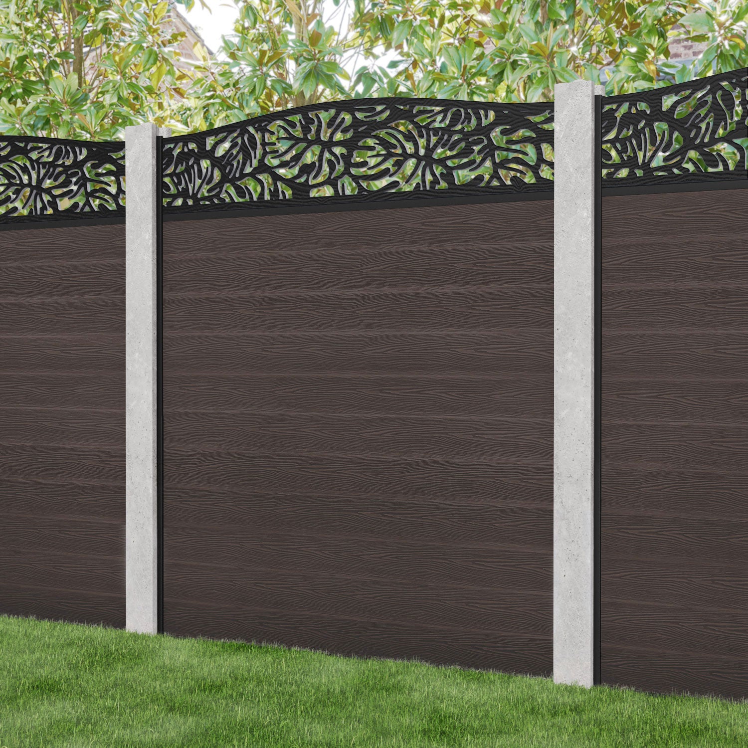 Classic Botanic Curved Top Fence Panel - Mid Brown - for existing concrete posts