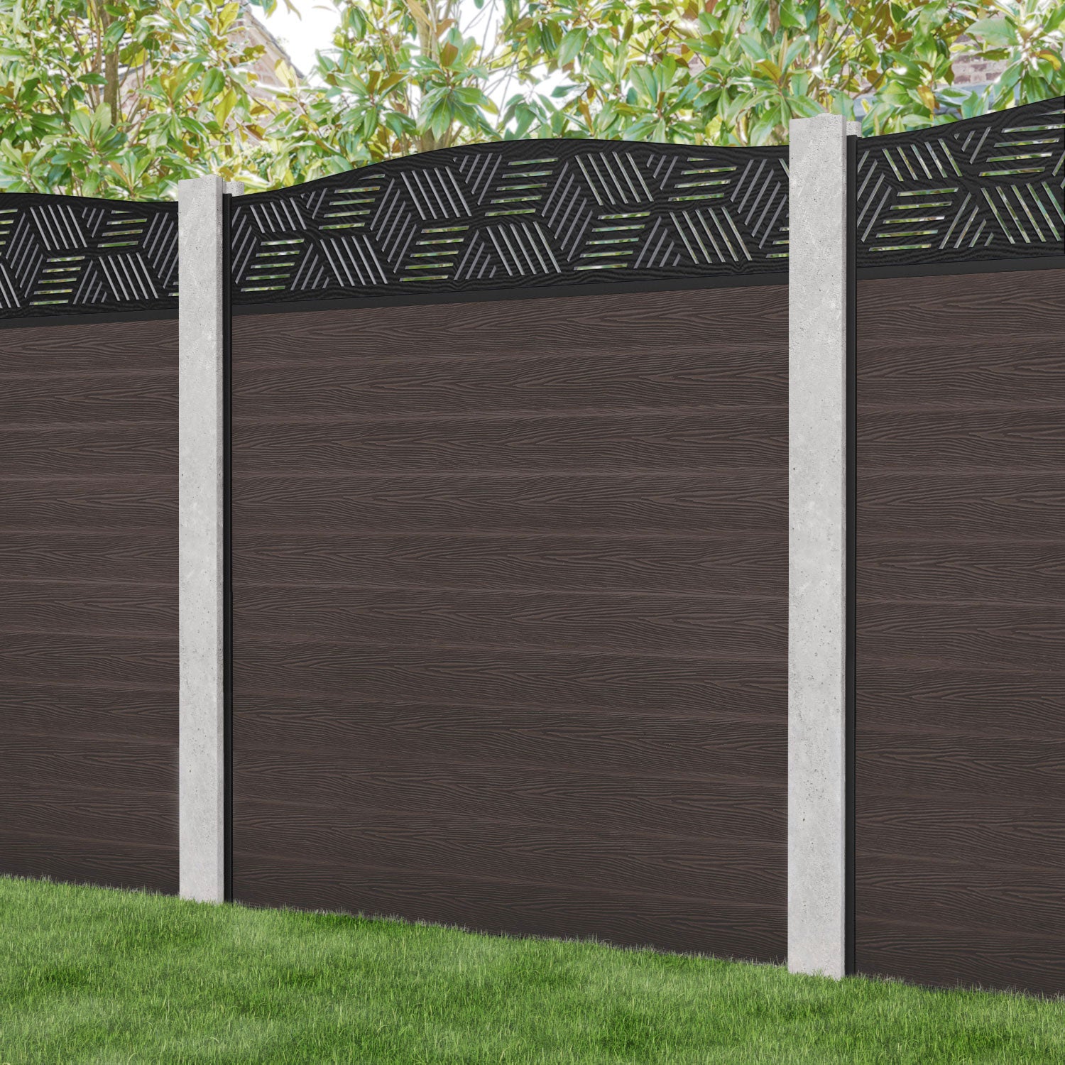 Classic Cubed Curved Top Fence Panel - Mid Brown - for existing concrete posts