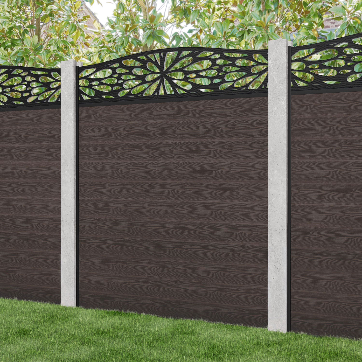 Classic Blossom Curved Top Fence Panel - Mid Brown - for existing concrete posts