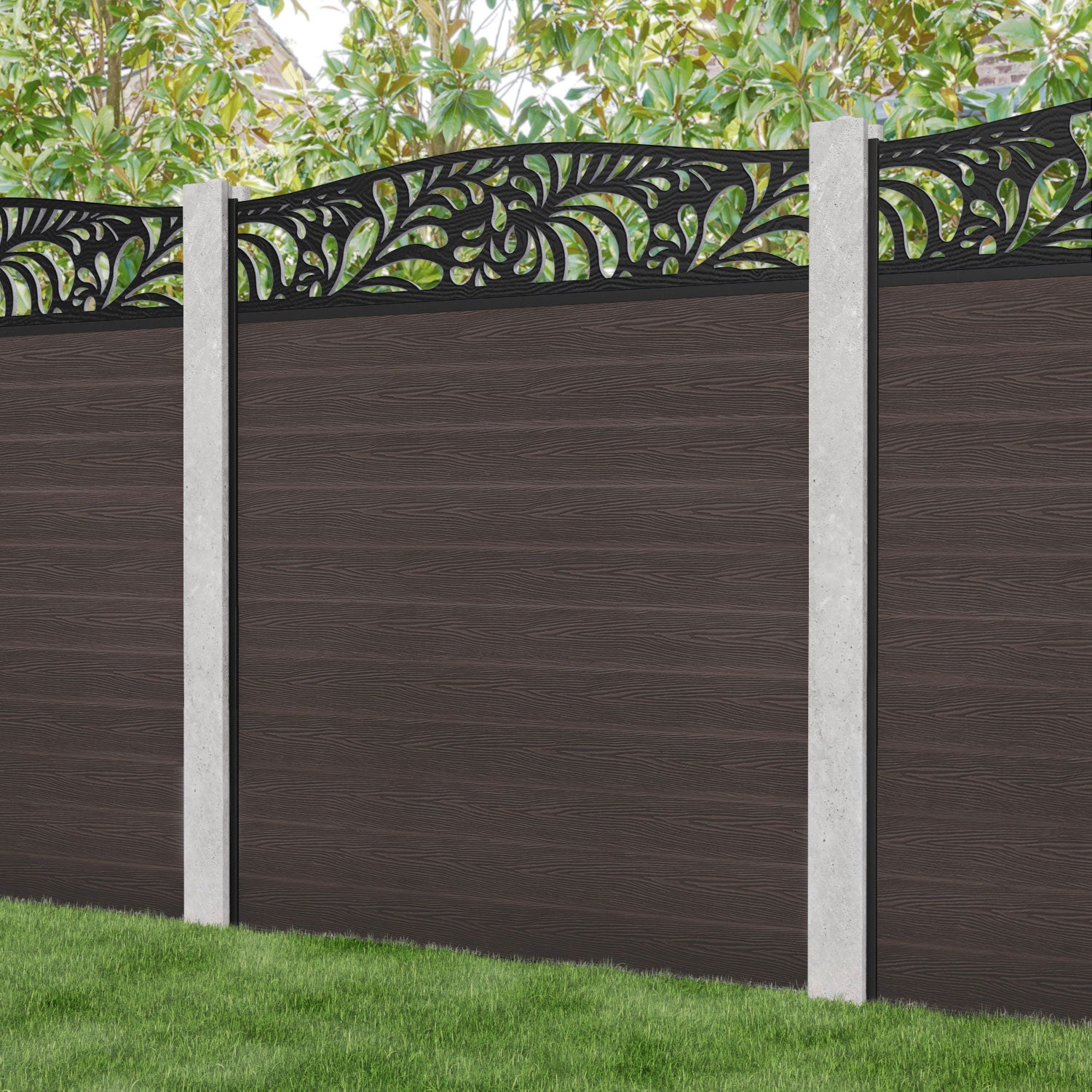 Classic Petal Curved Top Fence Panel - Mid Brown - for existing concrete posts