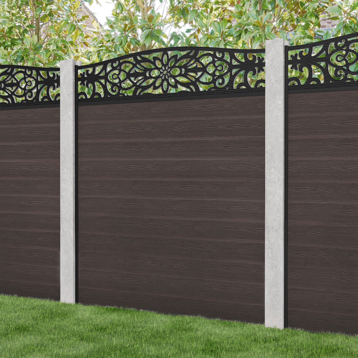Classic Windsor Curved Top Fence Panel - Mid Brown - for existing concrete posts