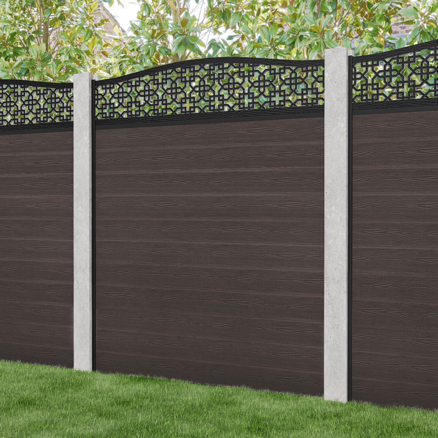 Classic Zaria Curved Top Fence Panel - Mid Brown - for existing concrete posts