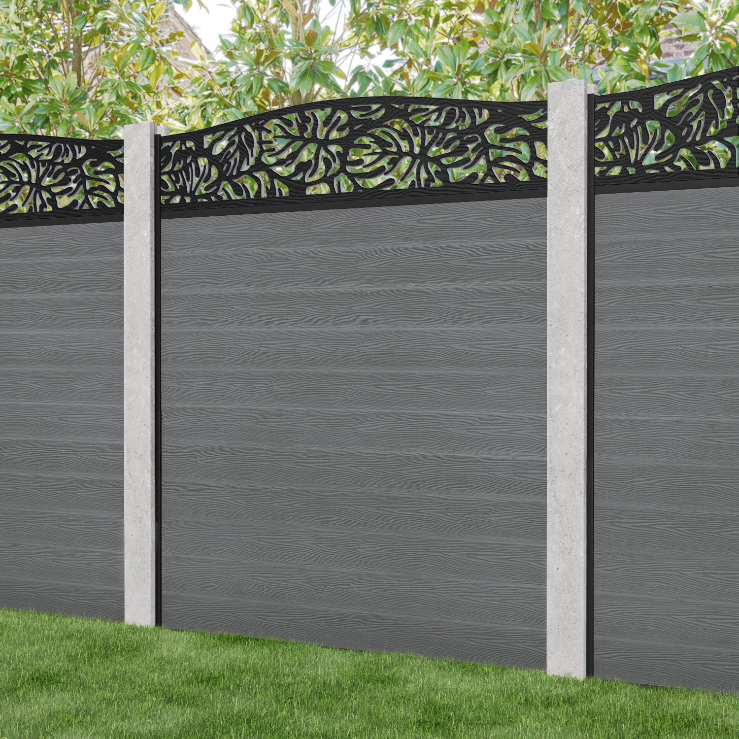 Classic Botanic Curved Top Fence Panel - Mid Grey - for existing concrete posts