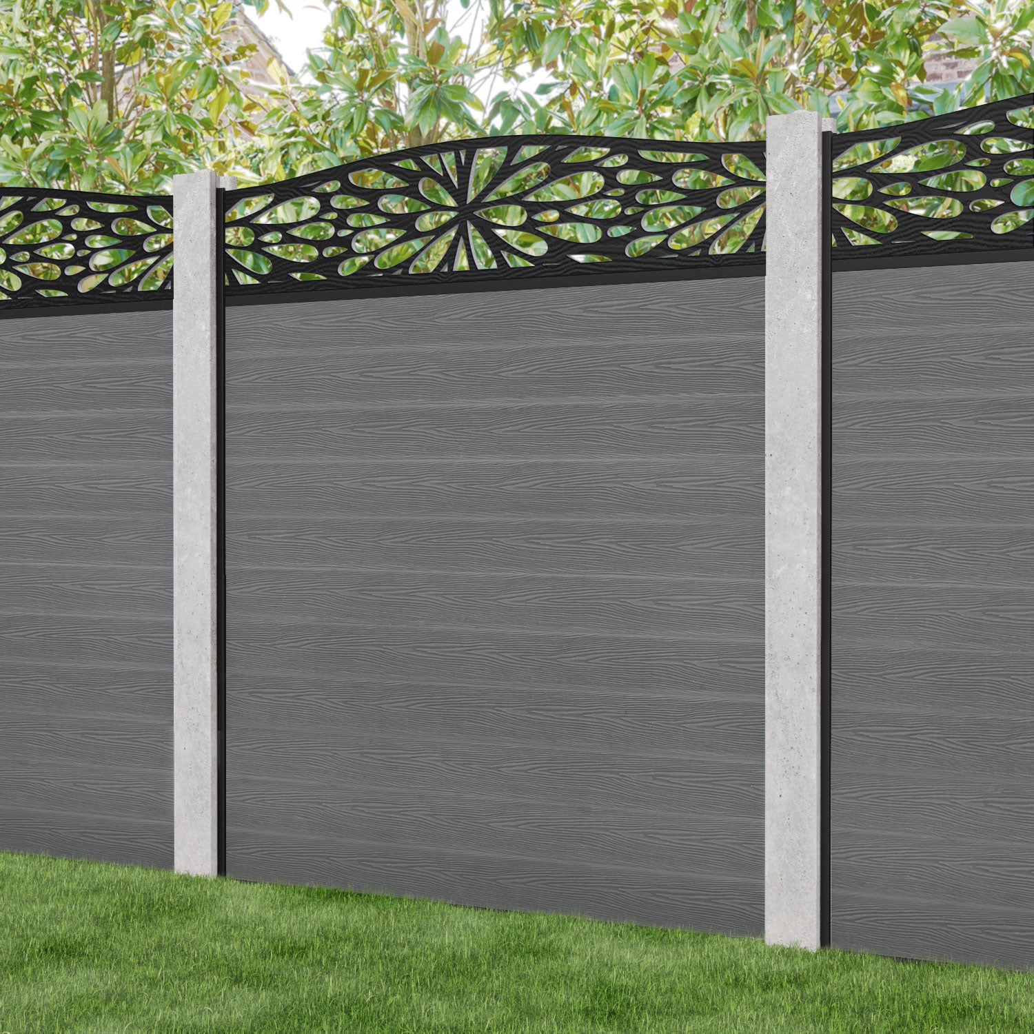 Classic Blossom Curved Top Fence Panel - Mid Grey - for existing concrete posts