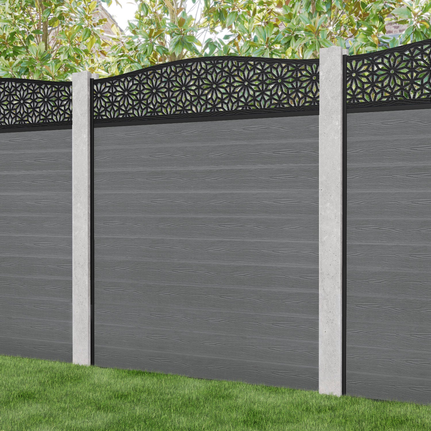 Classic Narwa Curved Top Fence Panel - Mid Grey - for existing concrete posts