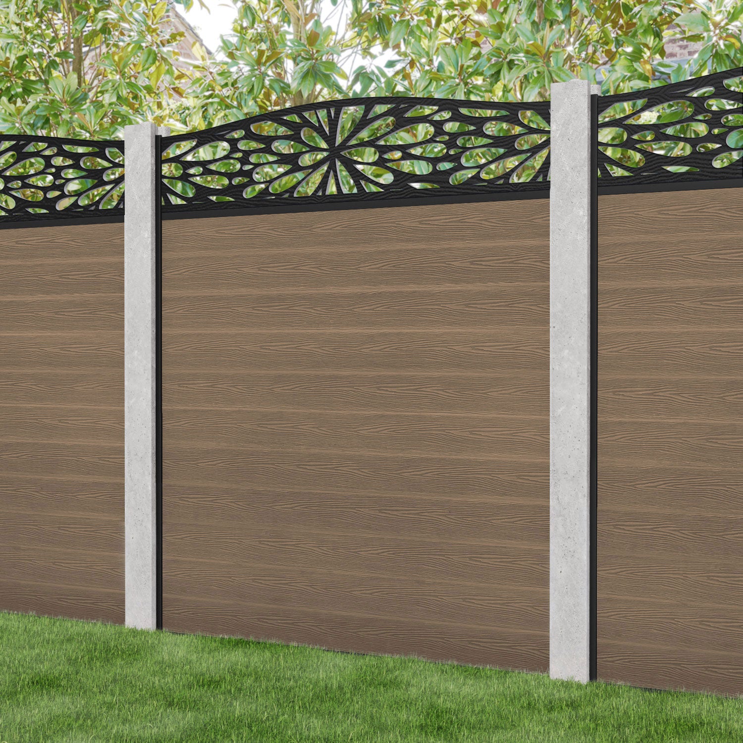 Classic Blossom Curved Top Fence Panel - Teak - for existing concrete posts