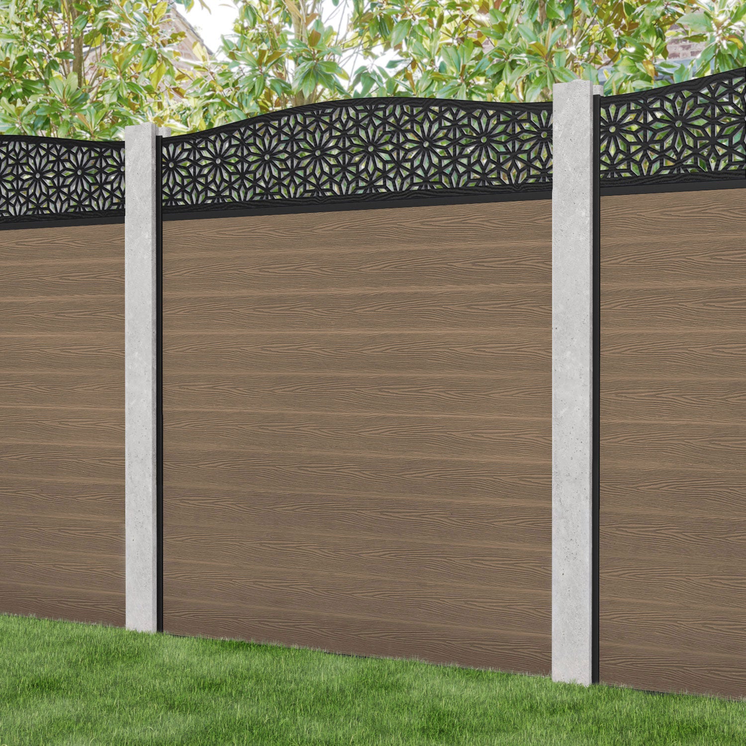 Classic Narwa Curved Top Fence Panel - Teak - for existing concrete posts
