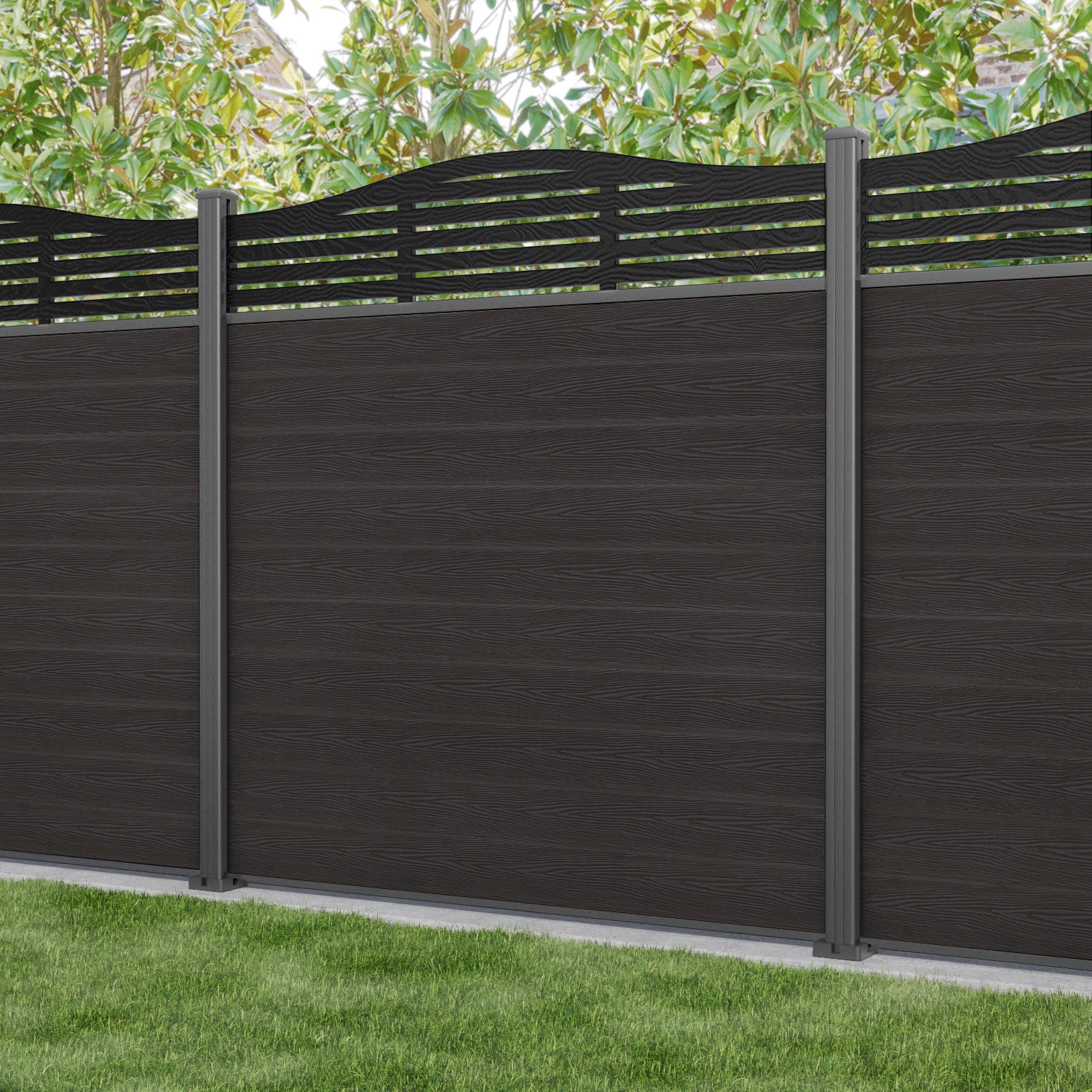 Classic Aspen Curved Top Fence Panel - Dark Oak - with our aluminium posts