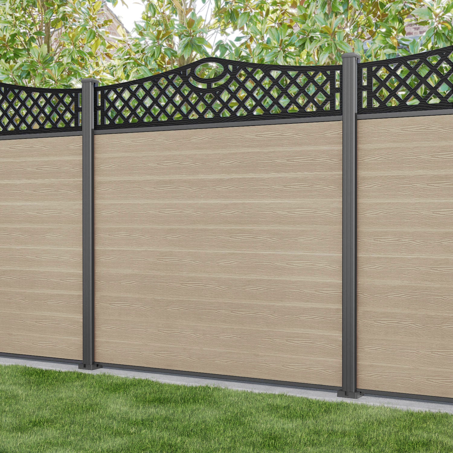 Classic Oxford Curved Top Fence Panel - Light Oak - with our aluminium posts