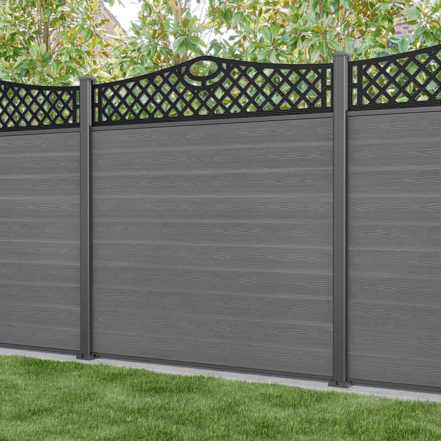 Classic Oxford Curved Top Fence Panel - Mid Grey - with our aluminium posts