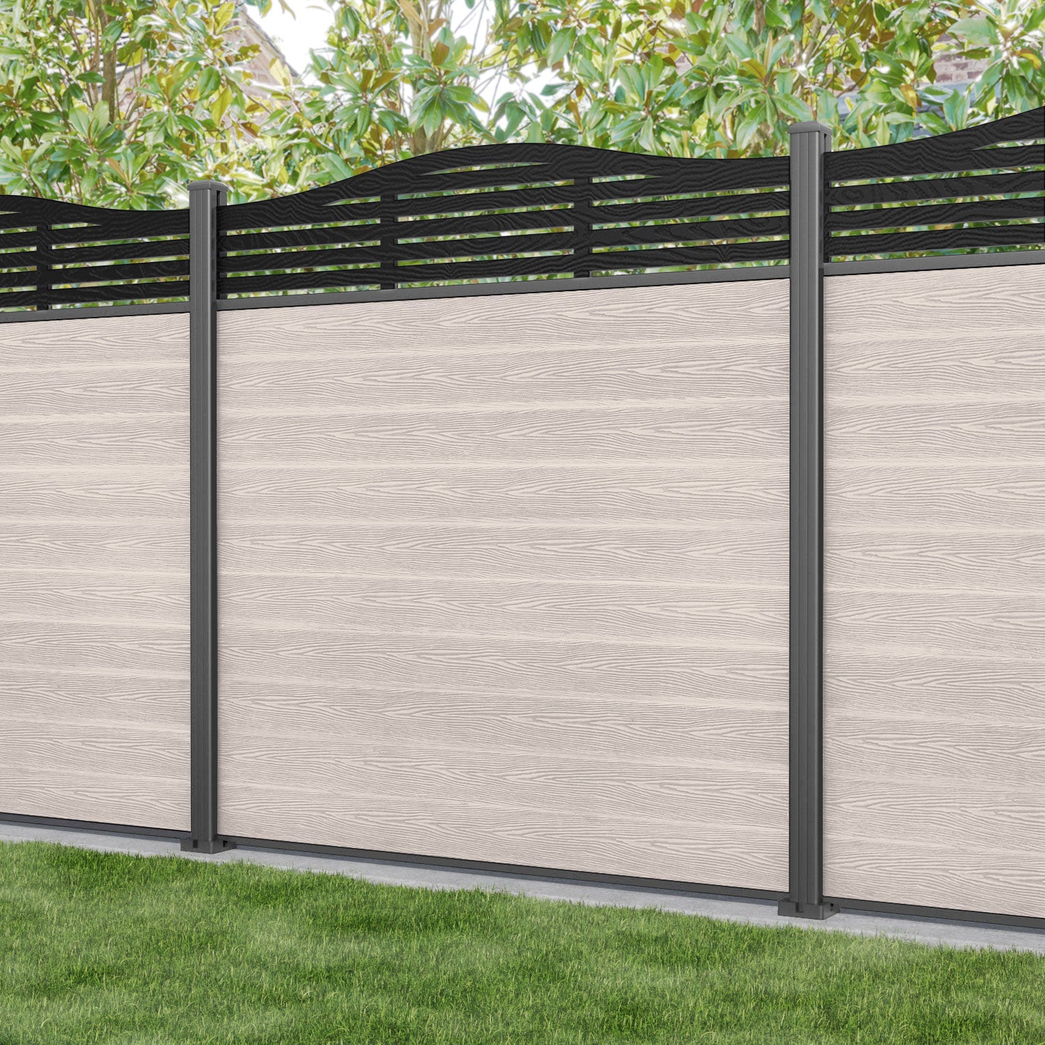 Classic Aspen Curved Top Fence Panel - Mid Stone - with our aluminium posts