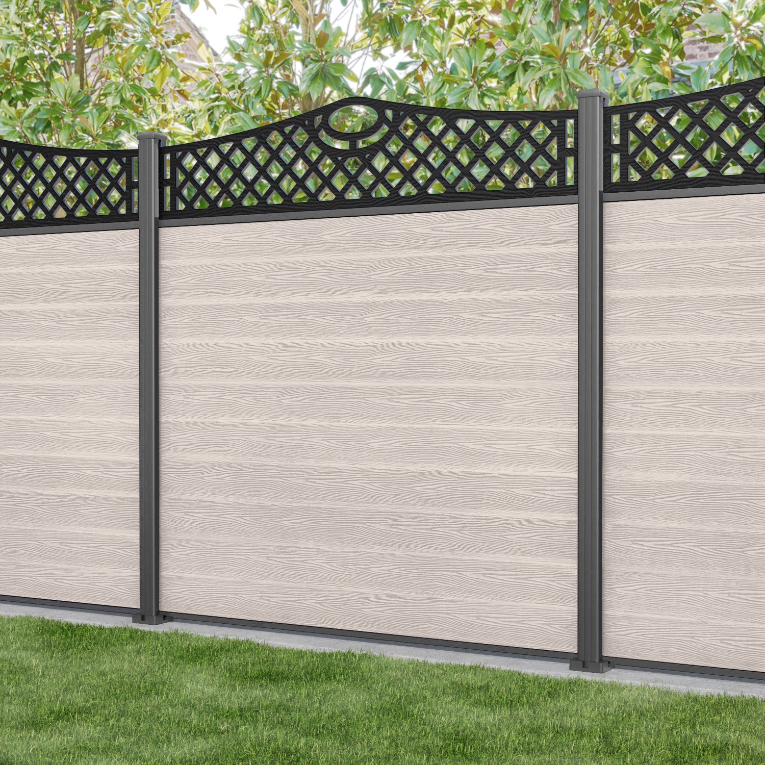Classic Oxford Curved Top Fence Panel - Mid Stone - with our aluminium posts