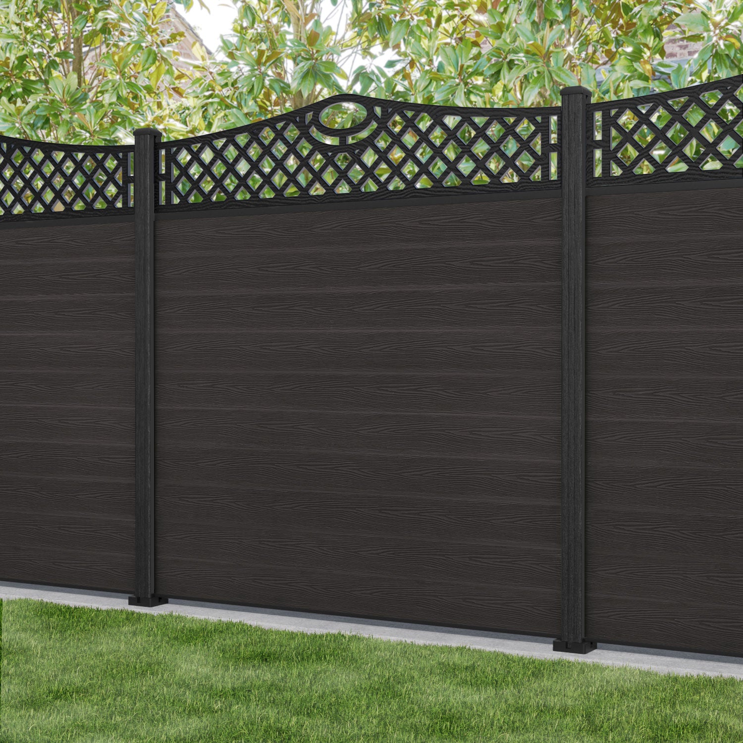 Classic Oxford Curved Top Fence Panel - Dark Oak - with our composite posts