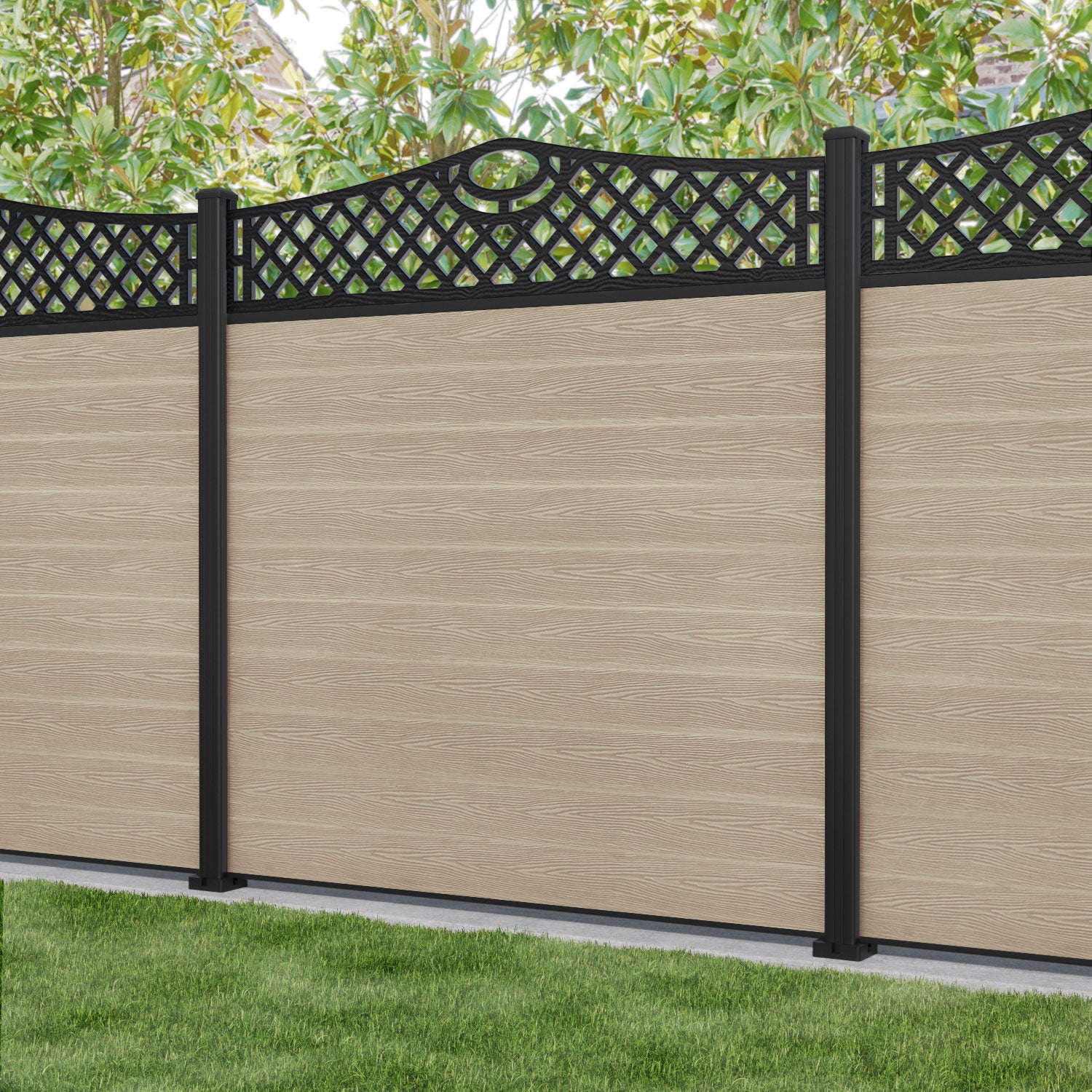 Classic Oxford Curved Top Fence Panel - Light Oak - with our aluminium posts