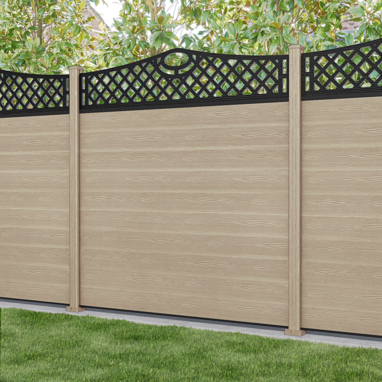 Classic Oxford Curved Top Fence Panel - Light Oak - with our composite posts