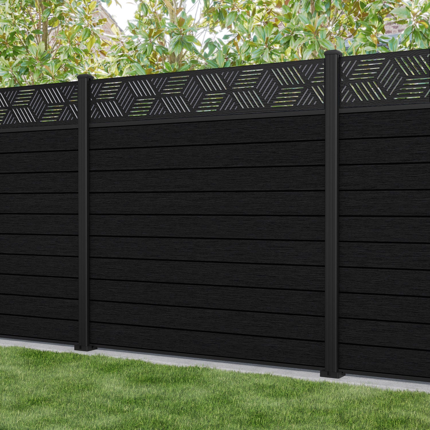 Fusion Cubed Fence Panel - Black - with our aluminium posts