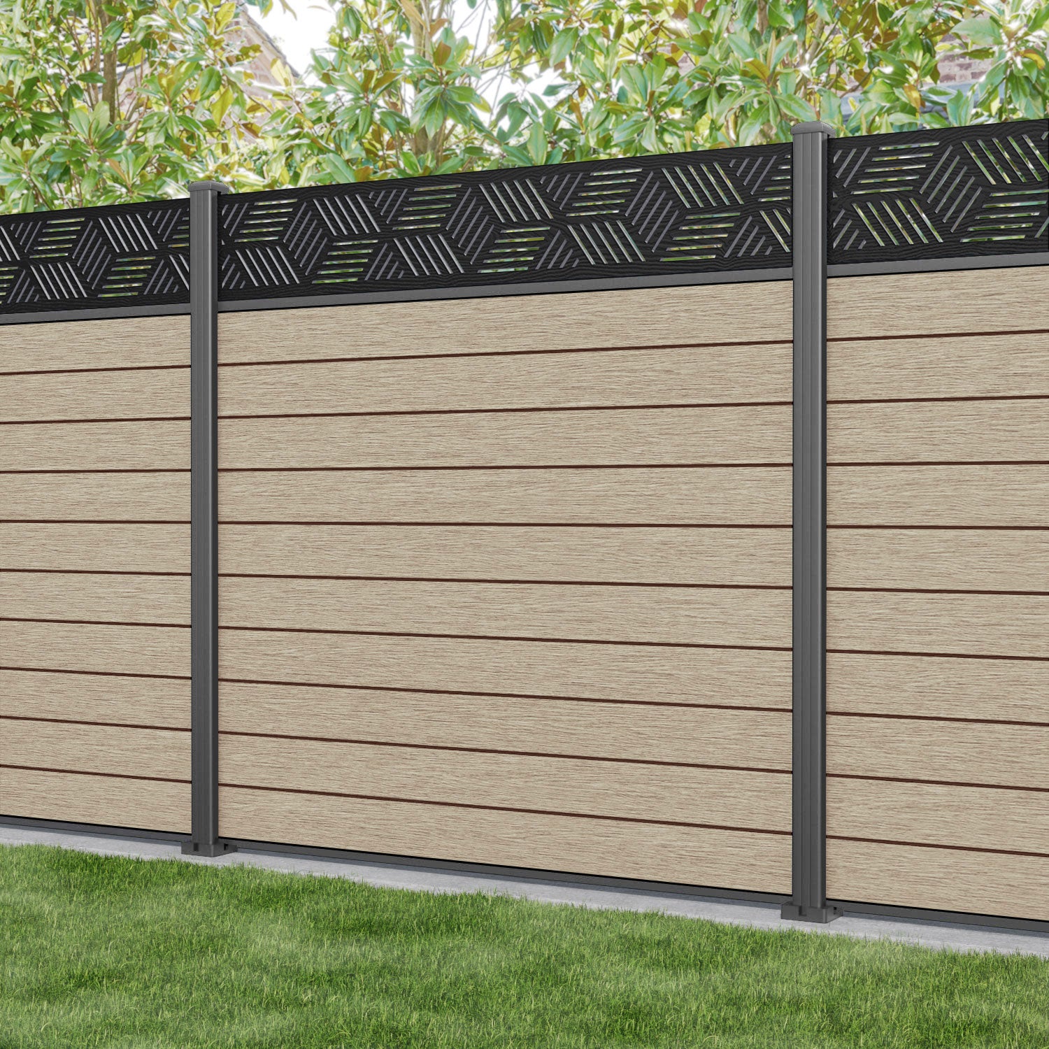 Fusion Cubed Fence Panel - Light Oak - with our aluminium posts
