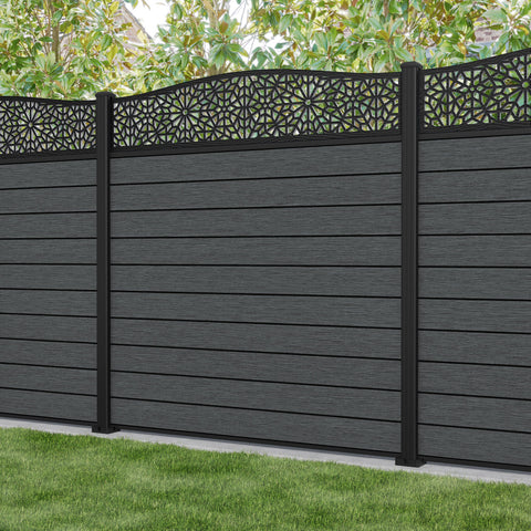 Fusion Alnara Curved Top Fence Panel - Dark Grey - with our aluminium posts
