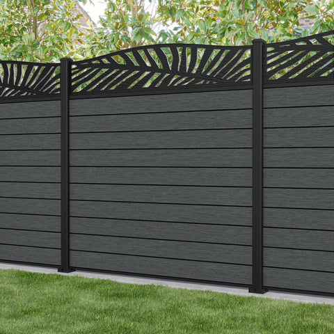 Fusion Palm Curved Top Fence Panel - Dark Grey - with our aluminium posts