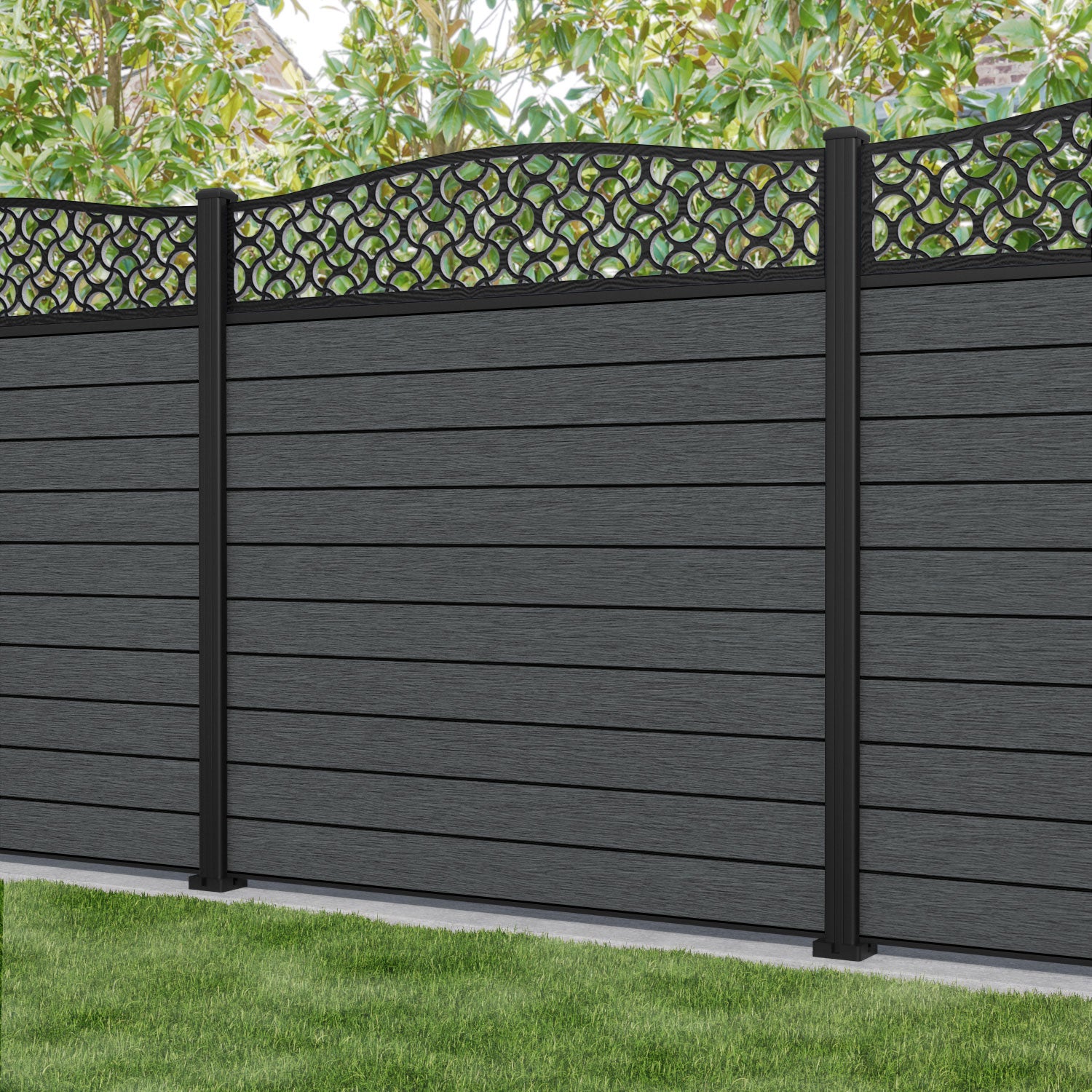 Fusion Vida Curved Top Fence Panel - Dark Grey - with our aluminium posts