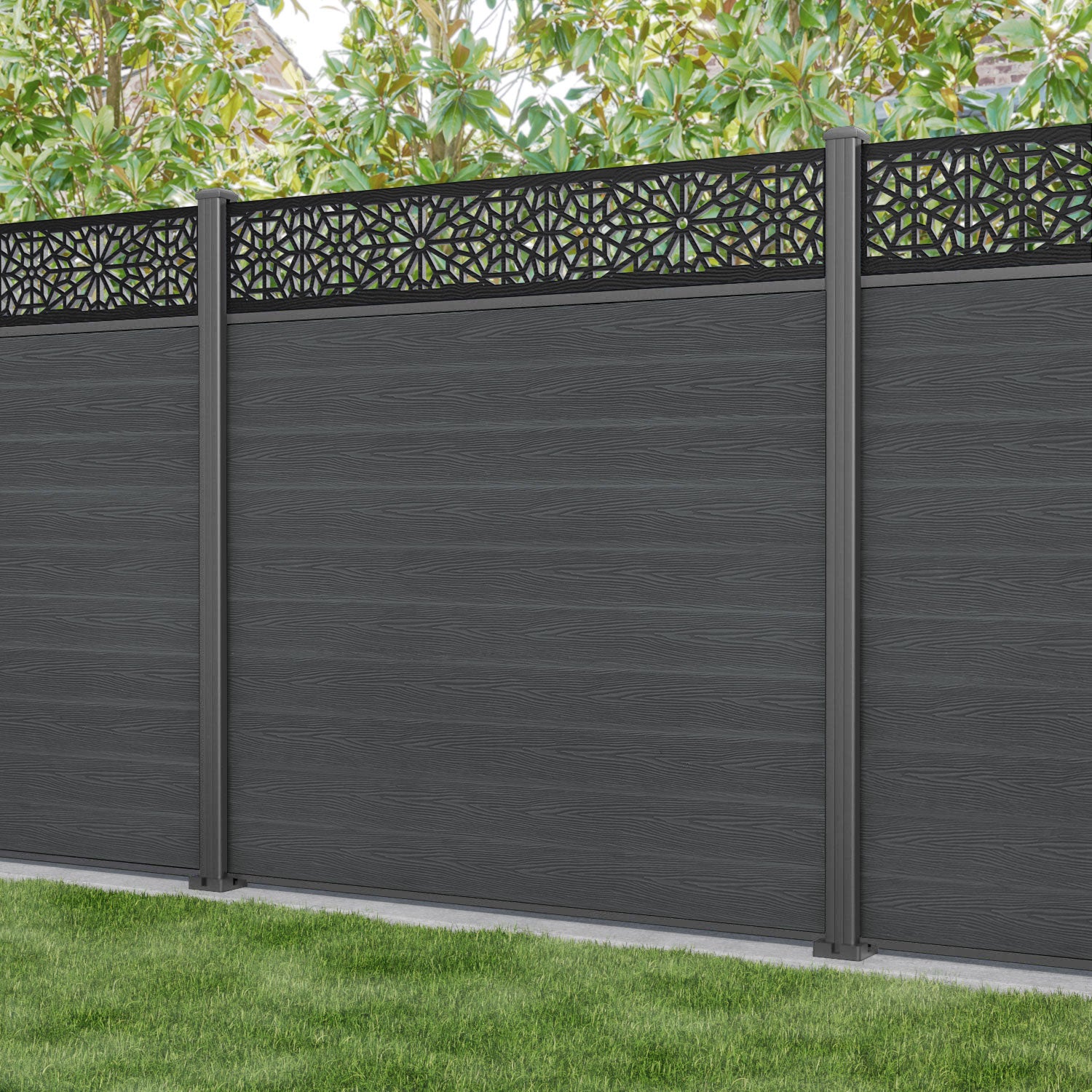 Classic Alnara Fence Panel - Dark Grey - with our aluminium posts