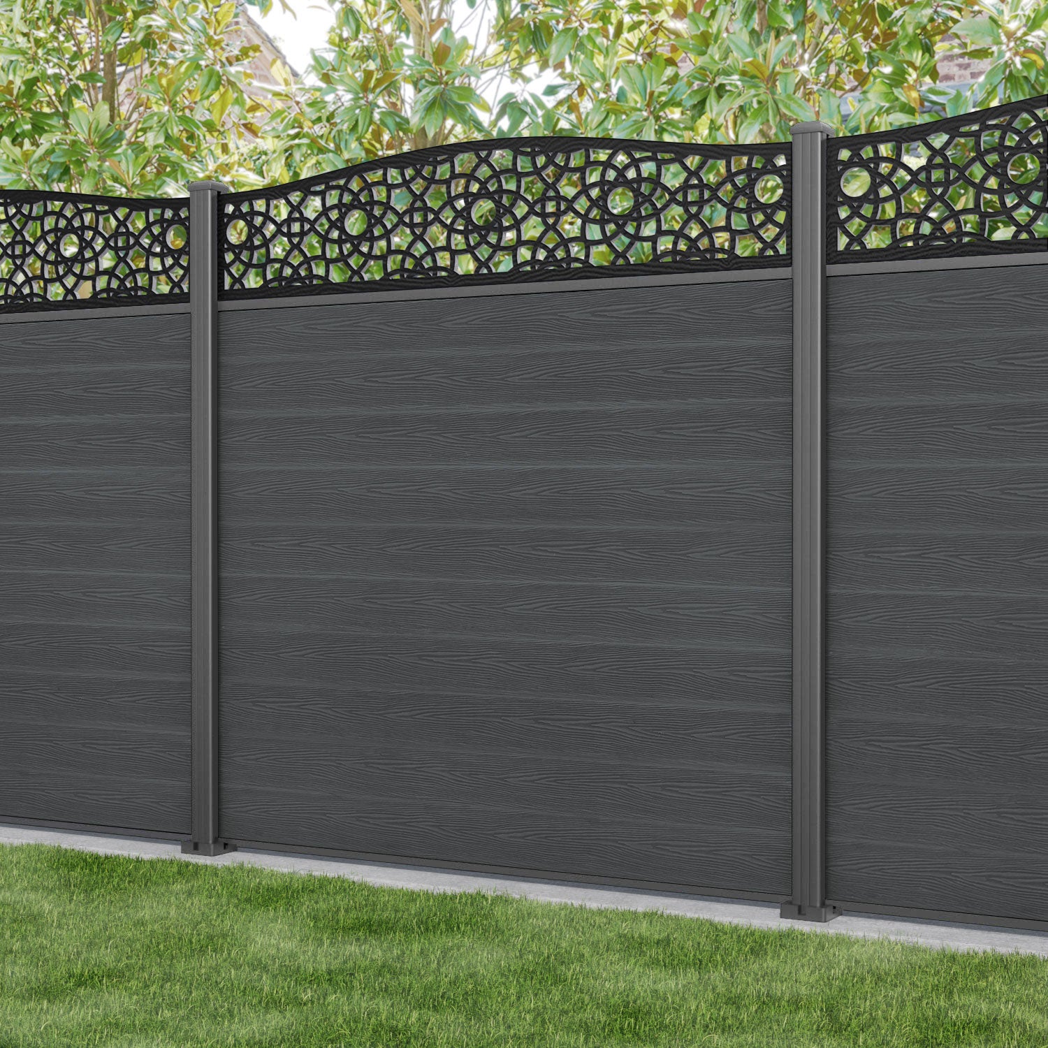 Classic Ambar Curved Top Fence Panel - Dark Grey - with our aluminium posts