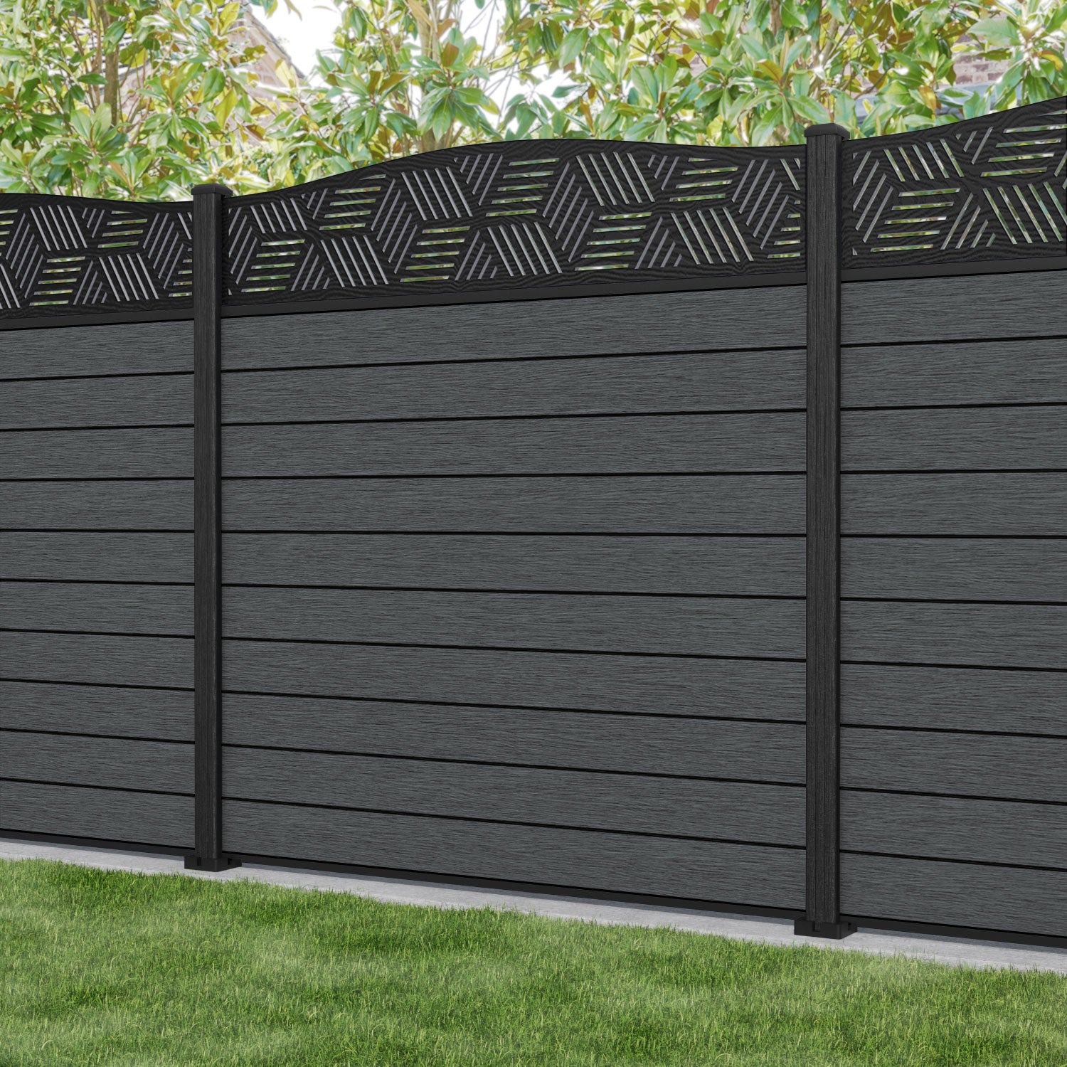 Fusion Cubed Curved Top Fence Panel - Dark Grey - with our composite posts