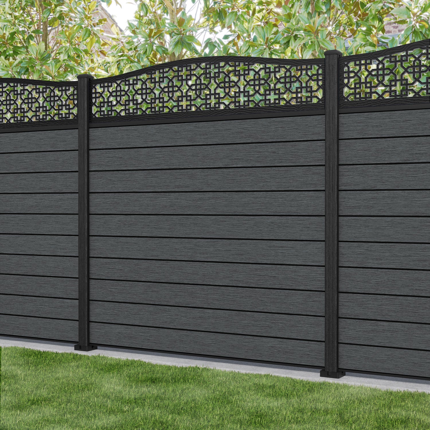 Fusion Zaria Curved Top Fence Panel - Dark Grey - with our composite posts