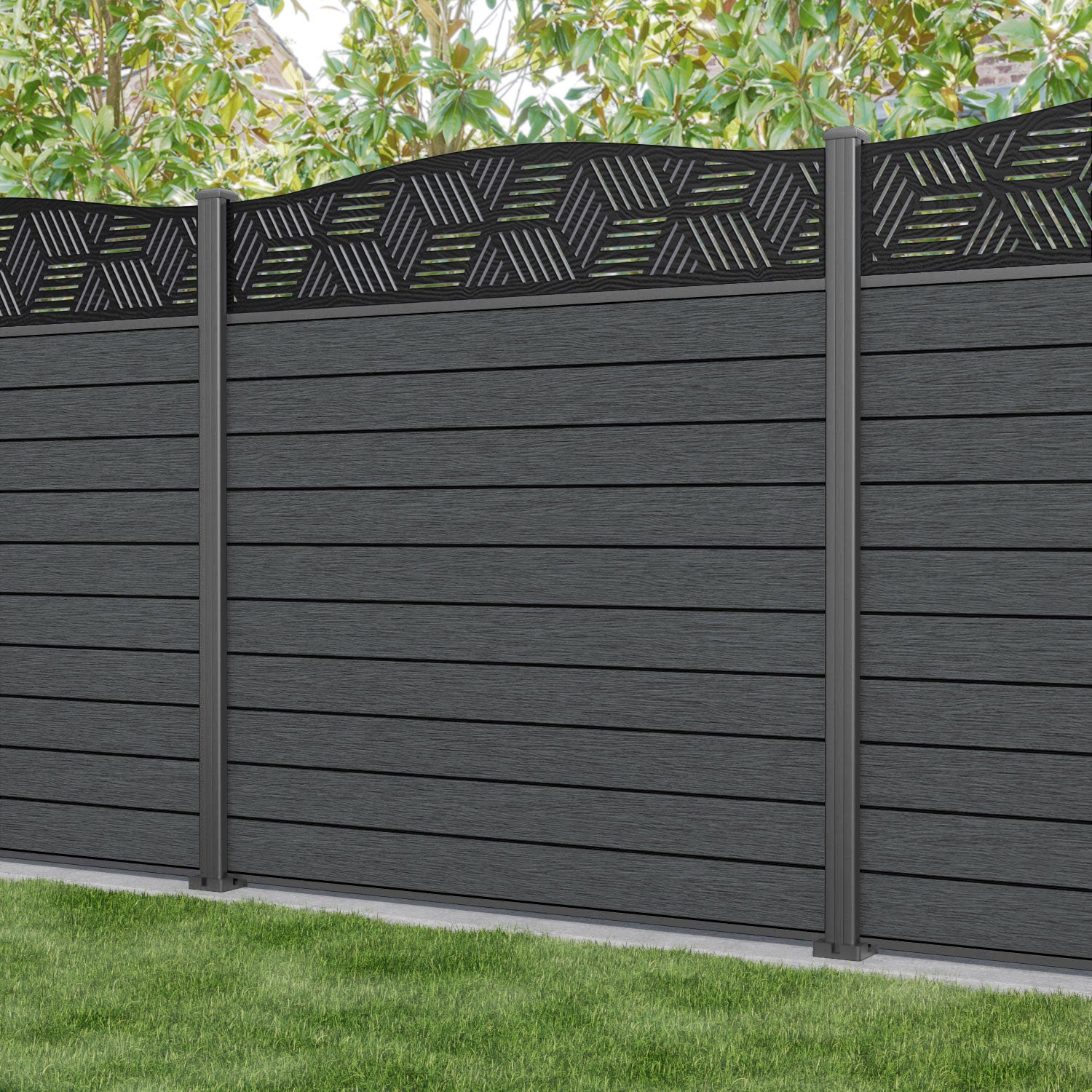 Fusion Cubed Curved Top Fence Panel - Dark Grey - with our aluminium posts