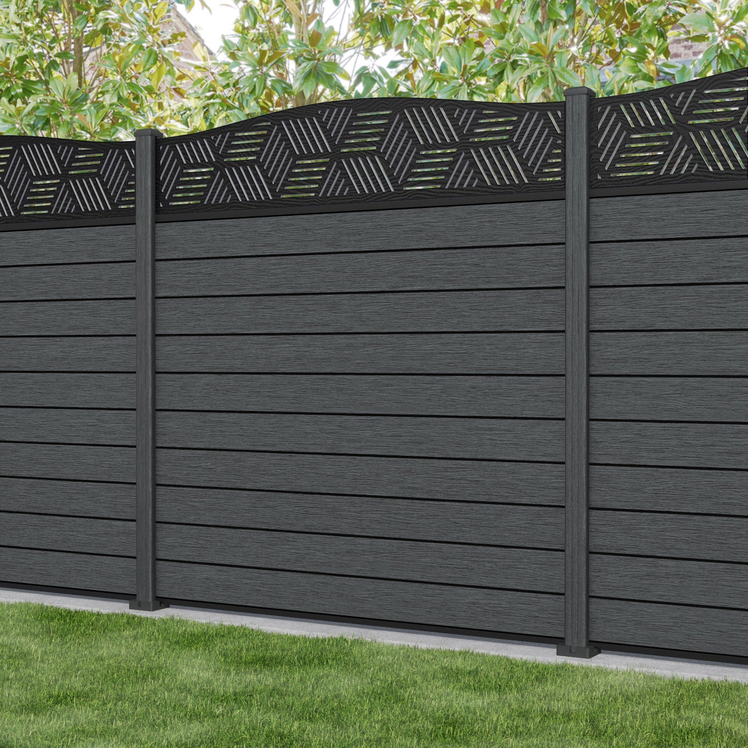 Fusion Cubed Curved Top Fence Panel - Dark Grey - with our composite posts