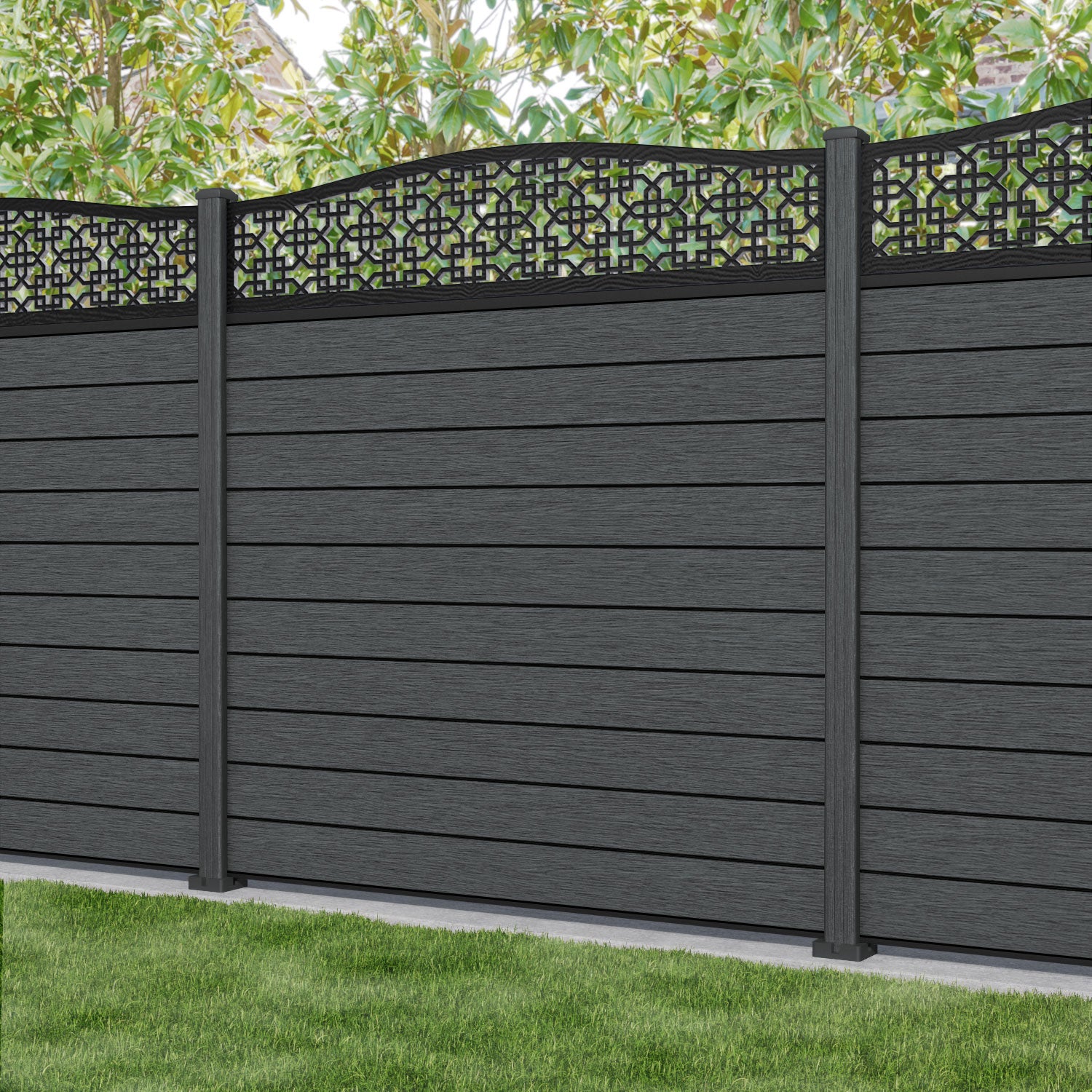 Fusion Zaria Curved Top Fence Panel - Dark Grey - with our composite posts