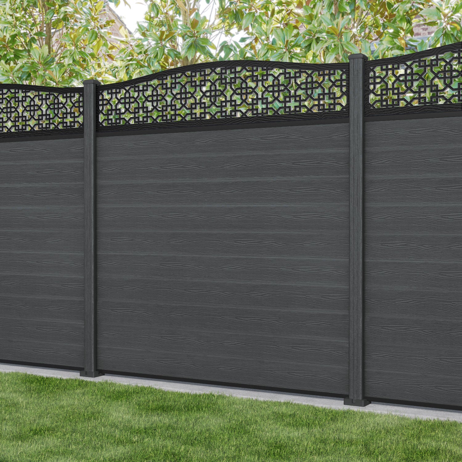 Classic Zaria Curved Top Fence Panel - Dark Grey - with our composite posts
