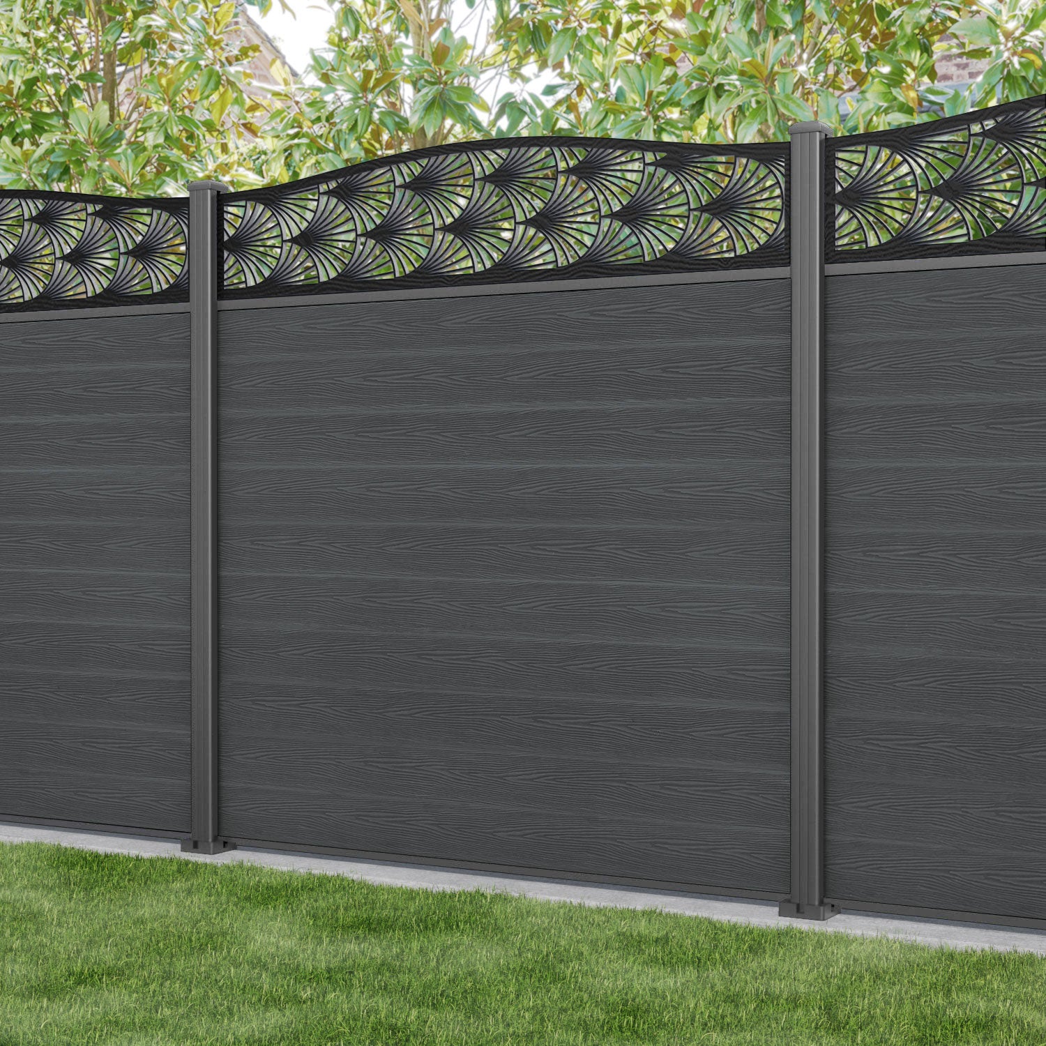 Classic Laurel Curved Top Fence Panel - Dark Grey - with our aluminium posts