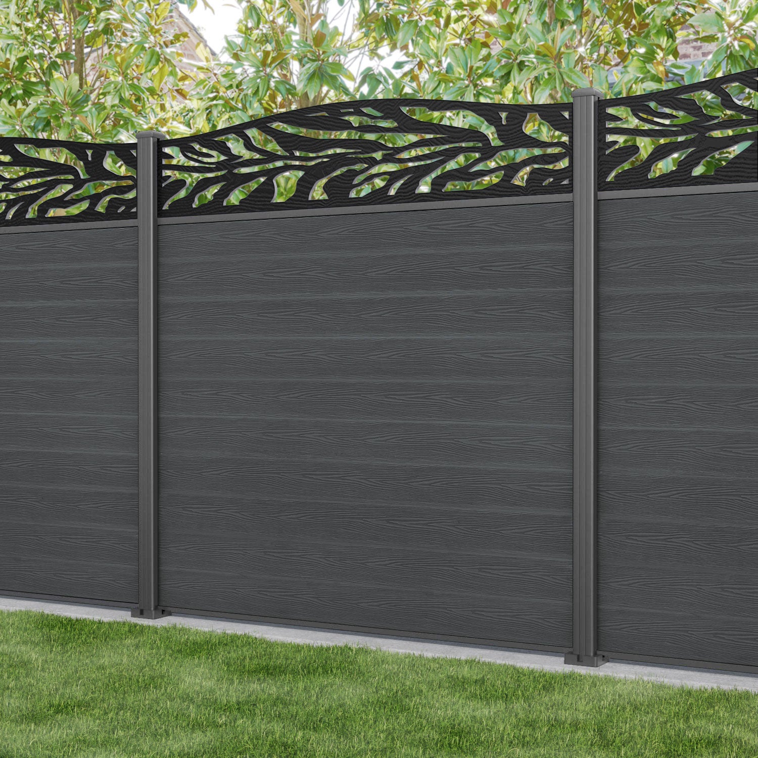 Classic Malawi Curved Top Fence Panel - Dark Grey - with our aluminium posts