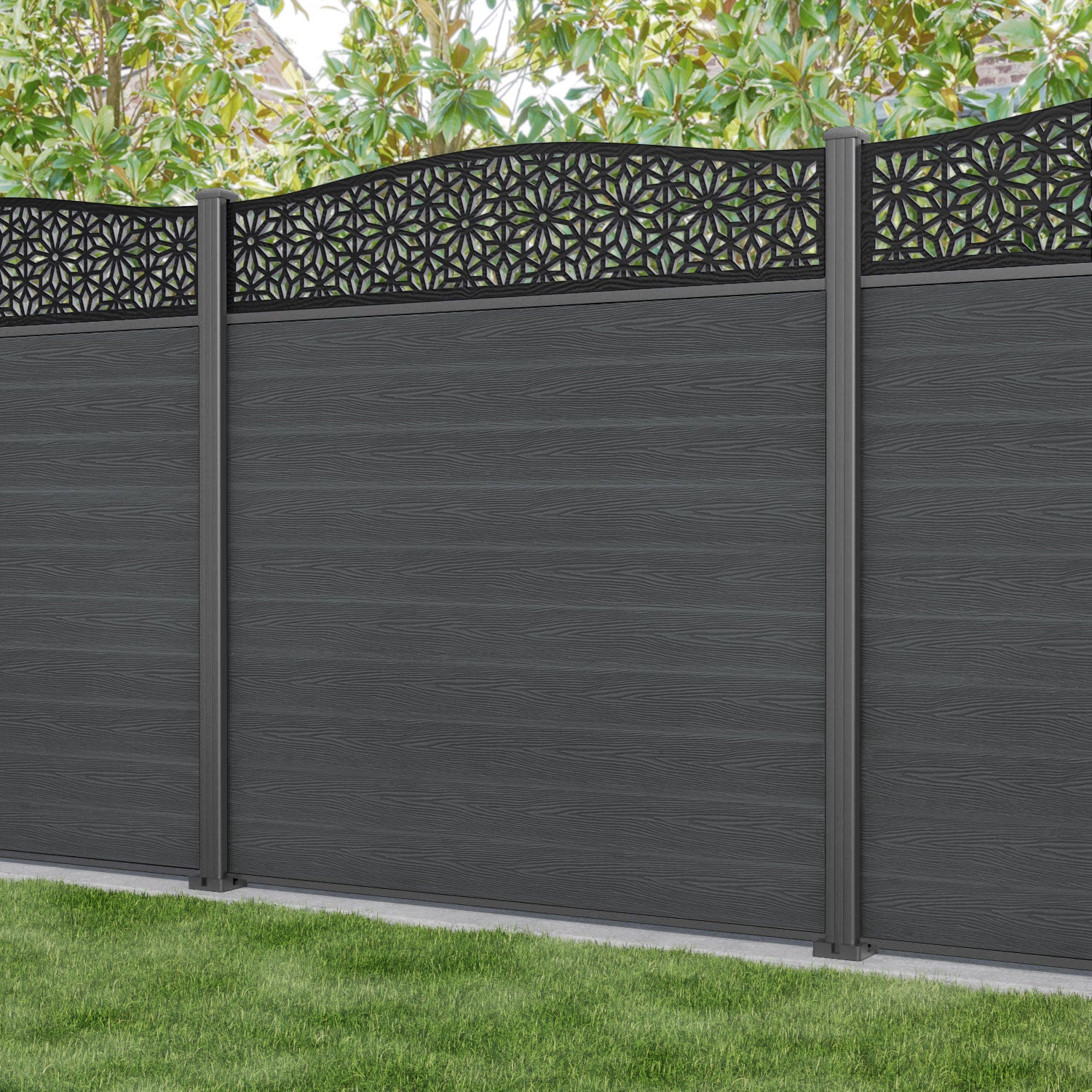 Classic Narwa Curved Top Fence Panel - Dark Grey - with our aluminium posts