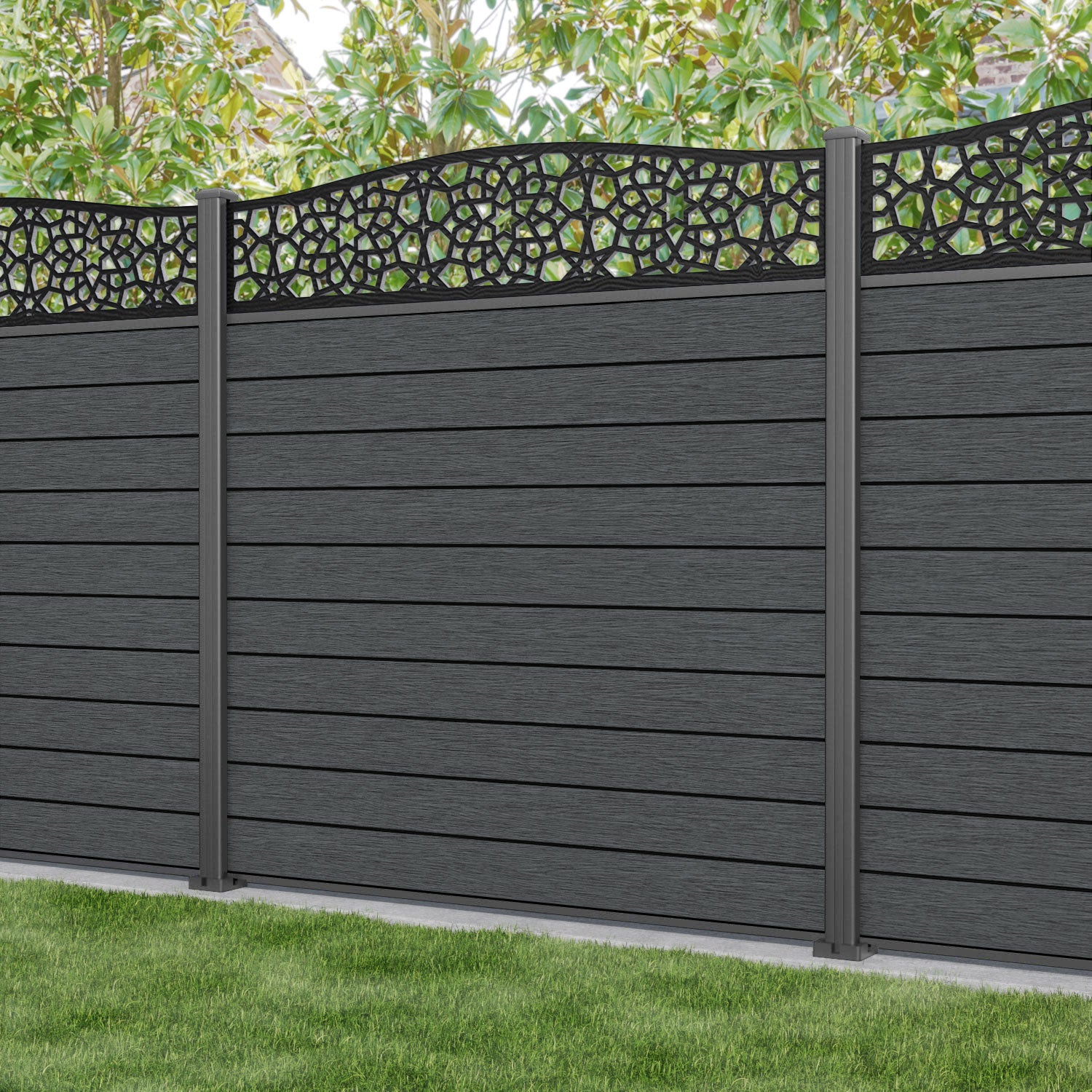 Fusion Nazira Curved Top Fence Panel - Dark Grey - with our aluminium posts