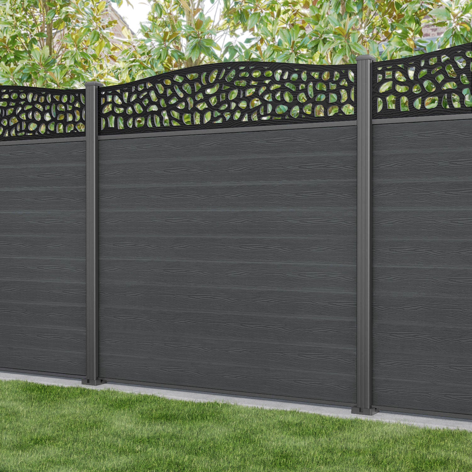 Classic Pebble Curved Top Fence Panel - Dark Grey - with our aluminium posts