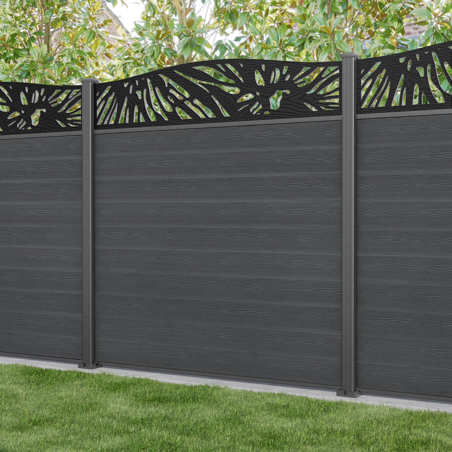 Classic Poppy Curved Top Fence Panel - Dark Grey - with our aluminium posts