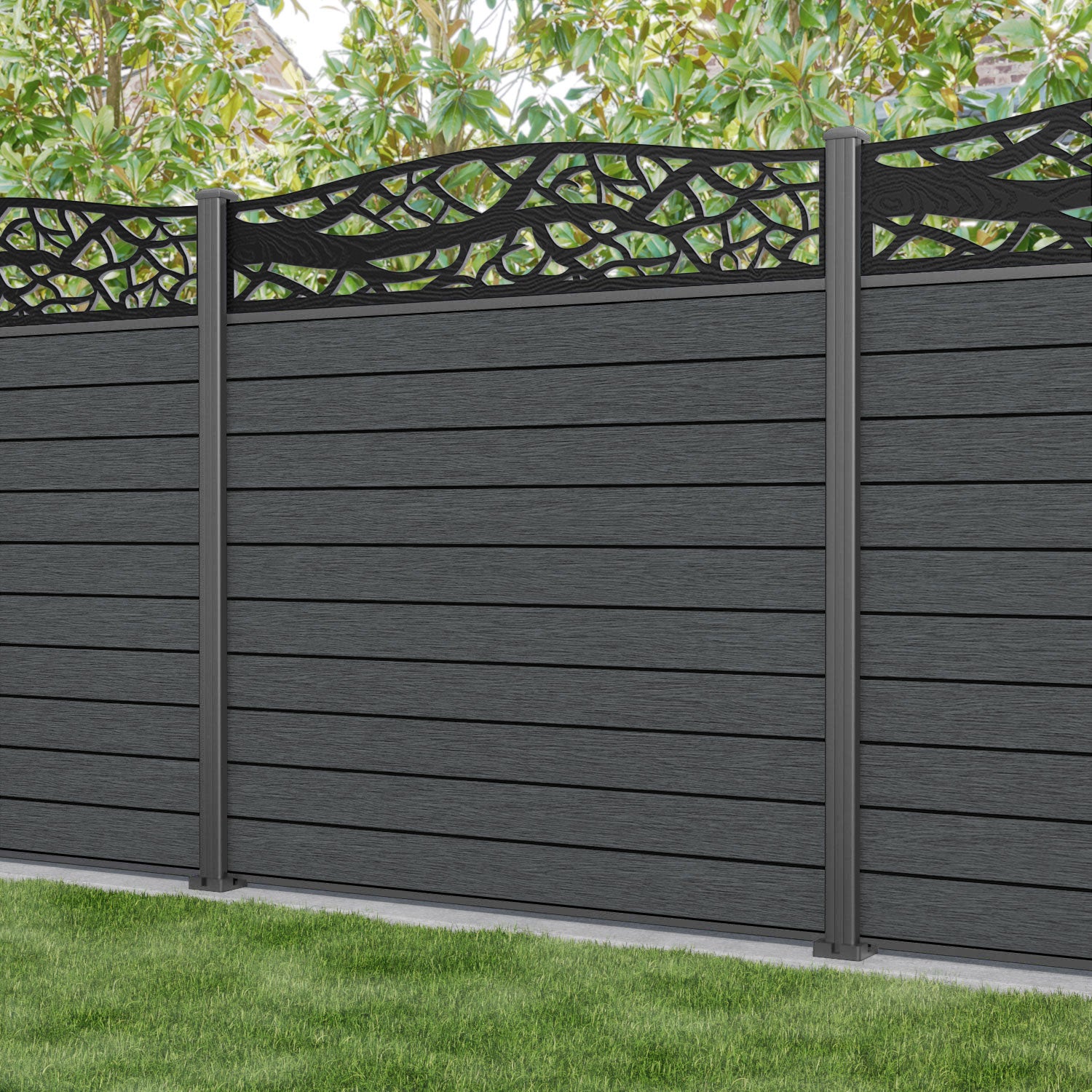 Fusion Twilight Curved Top Fence Panel - Dark Grey - with our aluminium posts