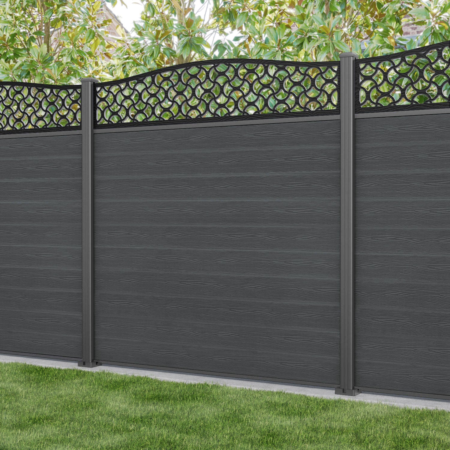 Classic Vida Curved Top Fence Panel - Dark Grey - with our aluminium posts