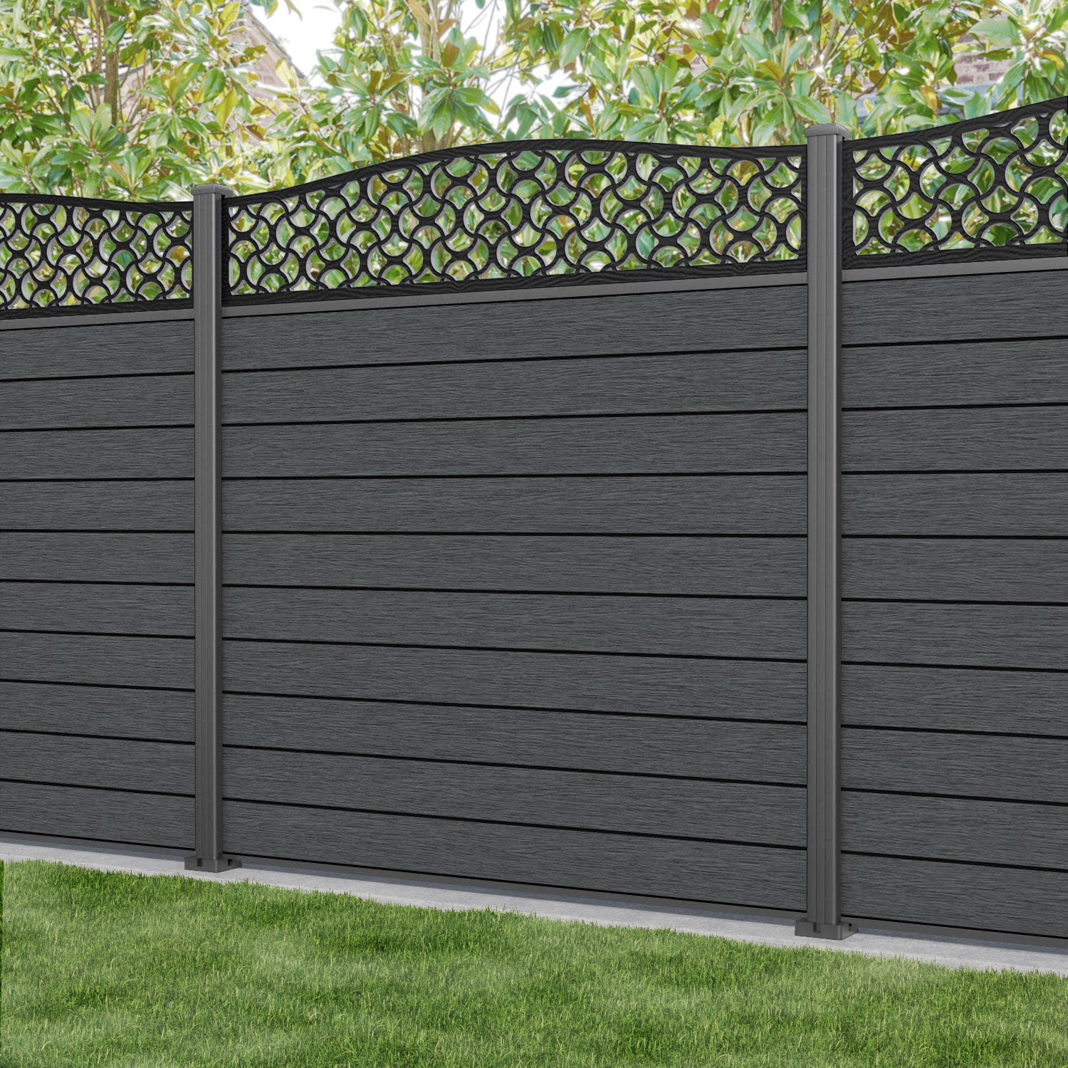 Fusion Vida Curved Top Fence Panel - Dark Grey - with our aluminium posts