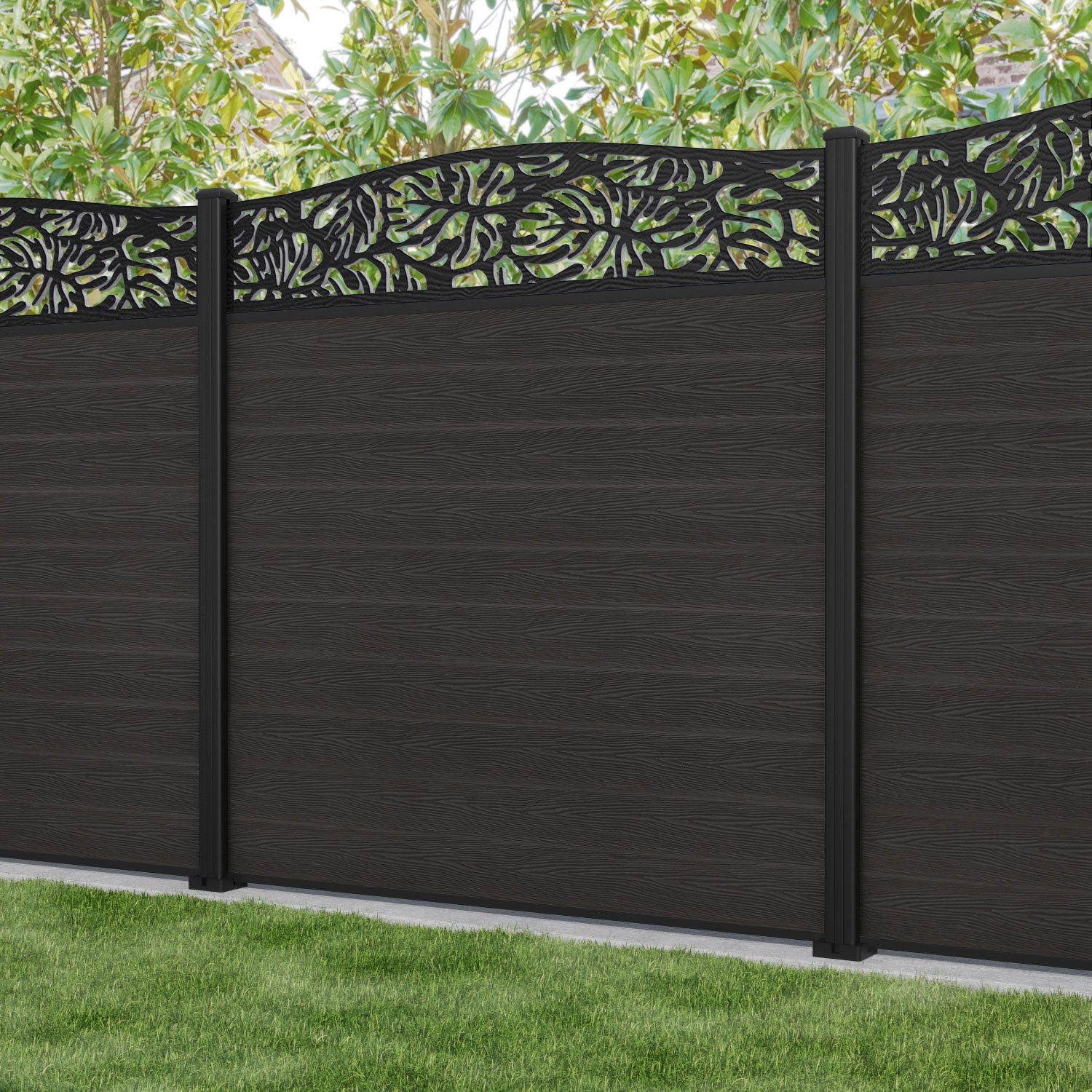 Classic Botanic Curved Top Fence Panel - Dark Oak - with our aluminium posts
