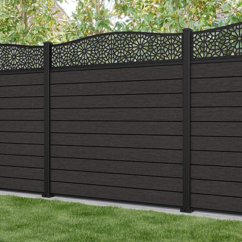 Fusion Alnara Curved Top Fence Panel - Dark Oak - with our aluminium posts