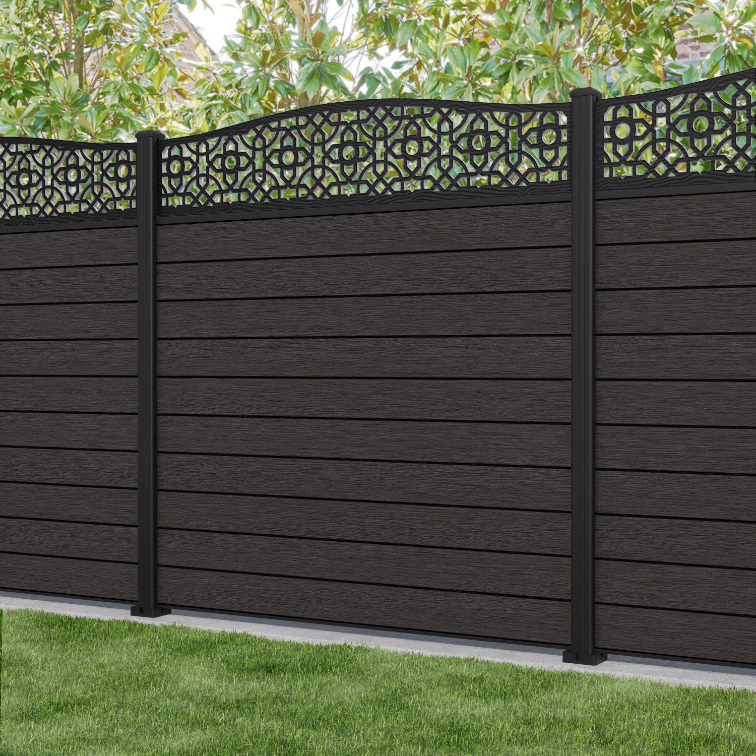 Fusion Nabila Curved Top Fence Panel - Dark Oak - with our aluminium posts