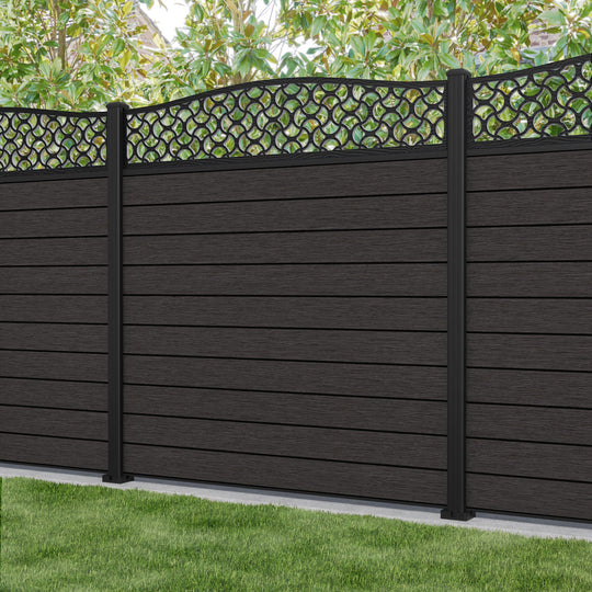 Fusion Vida Curved Top Fence Panel - Dark Oak - with our aluminium posts