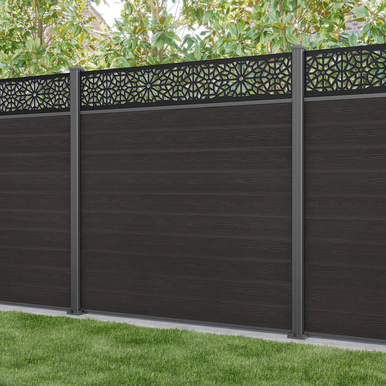 Classic Alnara Fence Panel - Dark Oak - with our aluminium posts